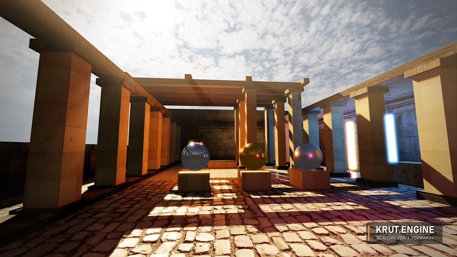 A sunlit stone courtyard rendered in Krut: a pergola casting striped shadows on cobblestones, three metal spheres on plinths, glowing light strips and a cloudy sky